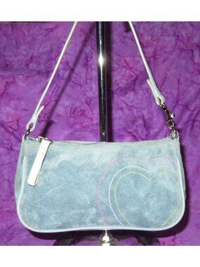 Coach 2002 Rare find Baby Blue Suede Leather Heart Stitched Demi Baguette Bag